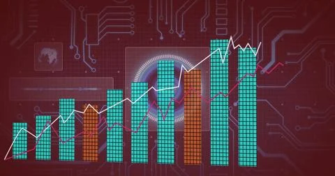 Bar and line graphs over digital circuit board and abstract circular image Stock Photos