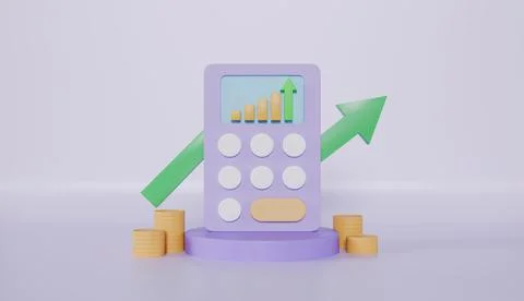 Bar and pie chart on the calculator screen on the stand with stacking coins Stock Illustration