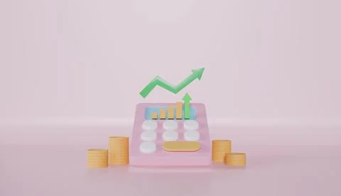 Bar and pie chart on the calculator screen on the stand with stacking coins Stock Illustration