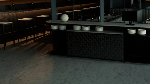 Bar area with empty plates and stools during restaurant hours Stock Footage 344109667