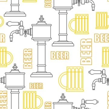 Bar backdrop.  Beer tap and mug pattern seamless. Bartender equipment backgro Stock Illustration