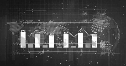 Bar chart and line graph being displayed on grid world map with code text, Stock Footage 309108881
