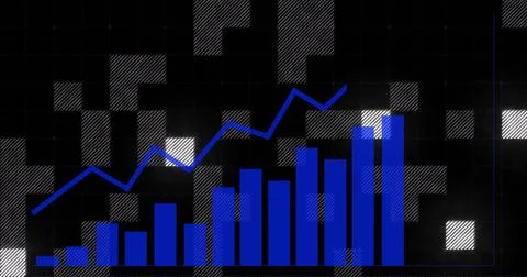 Bar chart and line graph image over pixelated black and white background Stock Illustration