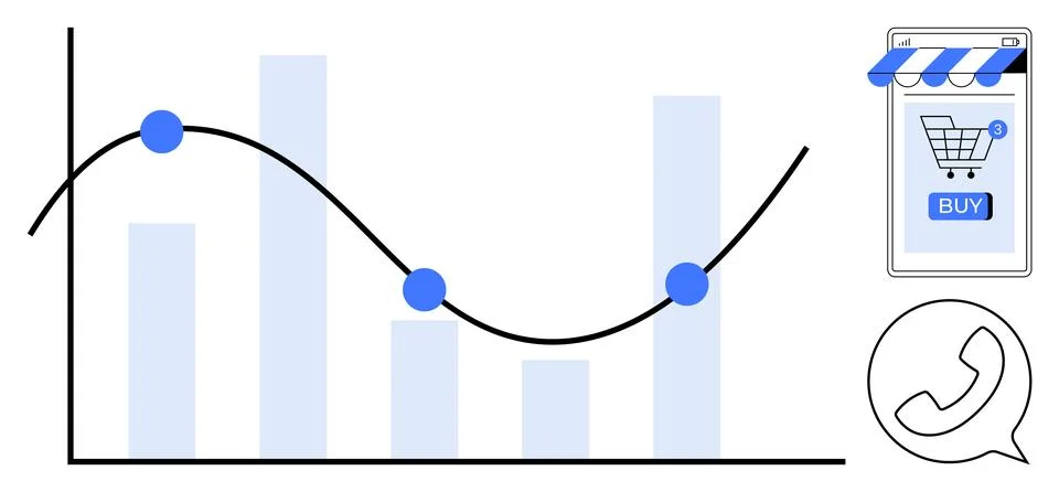 Bar chart and line graph with blue data points, telephone icon, and a smartph 스톡 일러스트