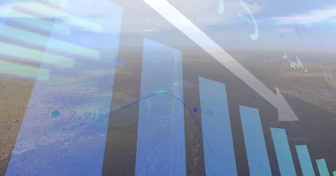 Bar chart and line graph image over aerial view of vast landscape 스톡 사진