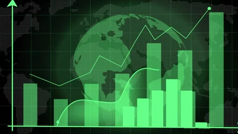 Bar chart animation with dotted globe overlay. Bar chart green financial gr.. Stock Footage 337618651