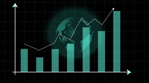 Bar chart animation with earth globe overlay. Bar chart teal financial grow.. Stock Footage 337618630