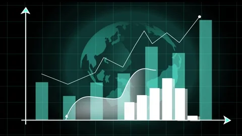 Bar chart animation with earth globe overlay. Bar chart teal financial grow.. Stock Footage 337618645
