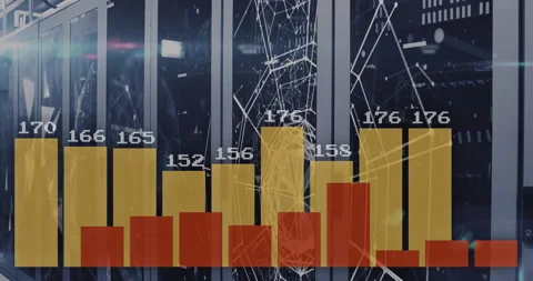 Bar chart animation over data center server racks with network connections Stock Footage 303794139