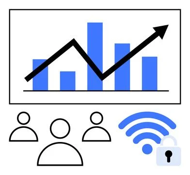 Bar chart with ascending graph, team icons, wireless signal with lock icon. I Stock Illustration