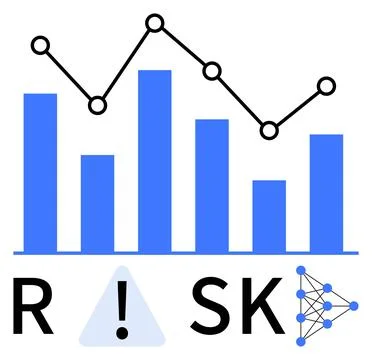 Bar chart in blue and black line graph above letters RISK with triangle warni Stock Illustration