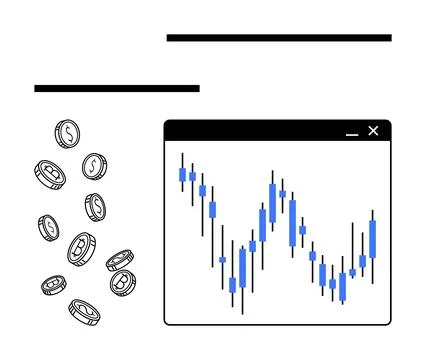 Bar chart with candlestick patterns inside a browser window, surrounded by fa Stock Illustration