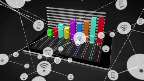Bar chart with colorful bars and connectivity icons animation over tablet Stock Footage 303539990
