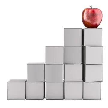 Bar chart from cubes with an apple on top. Business success concept. 3D ren.. Ilustración de archivo