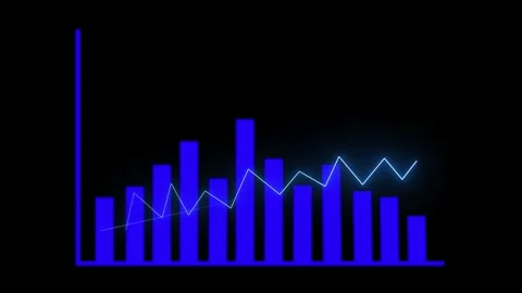 Bar Chart with Descending Bars and Neon Line Graph on Black data statistics.. Stock Footage 321582732