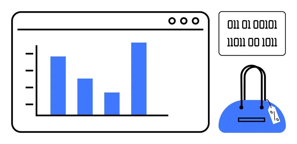 Bar chart displayed on a screen with binary code and a handbag with a price t Illustrazione stock