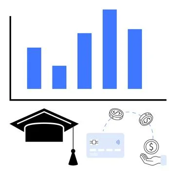 Bar chart displaying data, graduation cap symbolizing education, credit card, イラスト素材