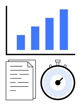 Bar chart document stack and stopwatch with a blue accent. Ideal for business Stockillustratie