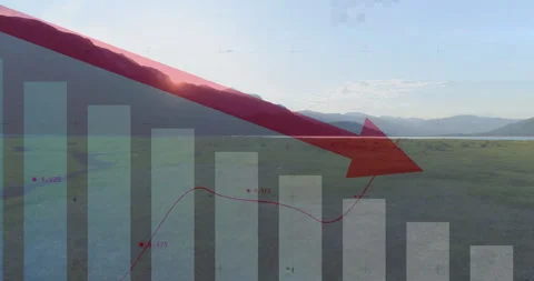 Bar chart with downward red arrow and animation over mountain landscape Video stock 304854315
