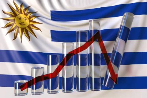 Bar chart with downward trend against flag of Uruguay. Financial crisis or Stock Illustration