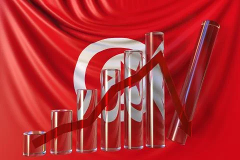 Bar chart with downward trend against flag of Tunisia. Financial crisis or Stock Illustration