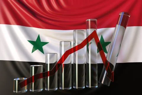 Bar chart with downward trend against flag of Syria. Financial crisis or Stock Illustration