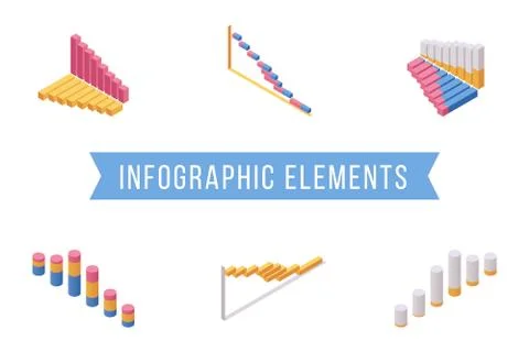 Bar chart elements isometric illustrations set. Various multi level histogram Stock Illustration