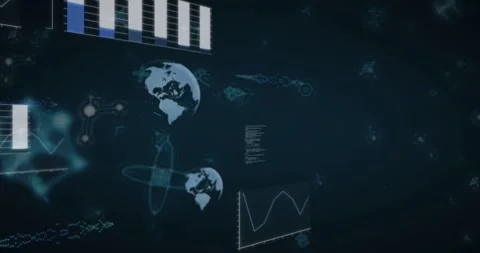 Bar chart expanding, starting globes drifting and rotating while line chart Stock Footage 331169175