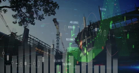 Bar chart fading in candlestick bars and arrow rising slumping over crane Stock Footage 310669572