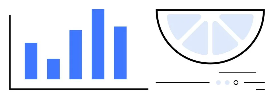 Bar chart with five blue bars illustrating data trends beside a citrus segmen Illustrazione stock