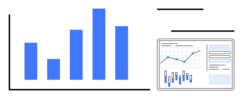 Bar chart with five vertical columns in blue next to a line graph on a statis Stock Illustration