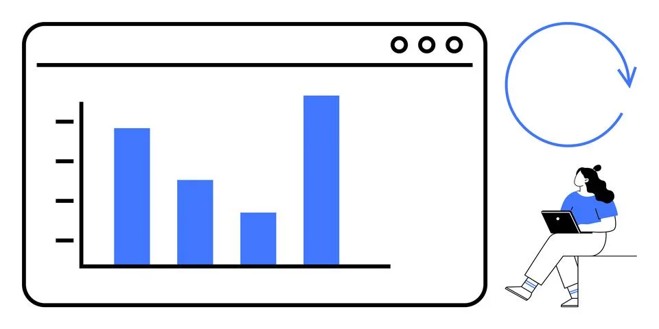 Bar chart with four blue bars on screen being analyzed by person sitting with Stock Illustration