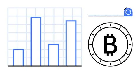 Bar chart with four blue bars, Bitcoin icon within circular border, extended  Stock Illustration