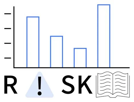 Bar chart with four rising columns, exclamation point in blue triangle, and b Stock Illustration