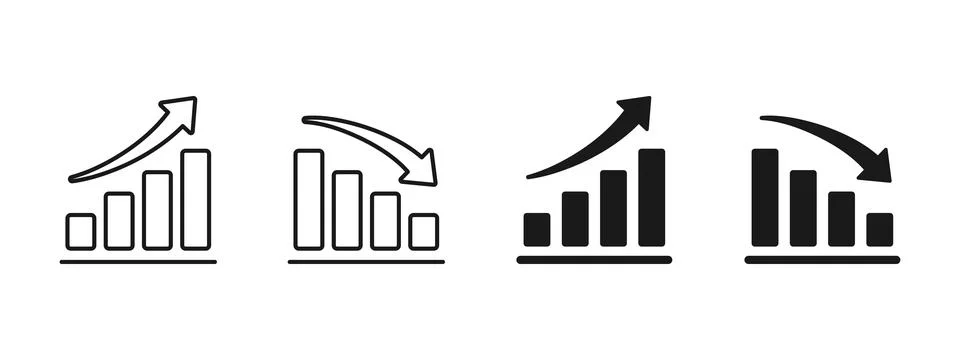 Bar chart icon with curved arrow showing growth and decline trends. Busines.. Stock Illustration