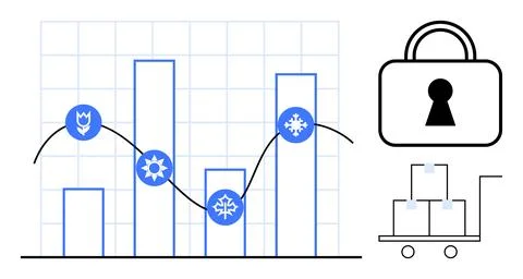 Bar chart with icons, a line graph connecting points, large padlock symbol, c Stock Illustration