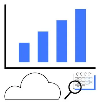 Bar chart with increasing blue bars, magnifying glass over calendar, cloud ic 스톡 일러스트