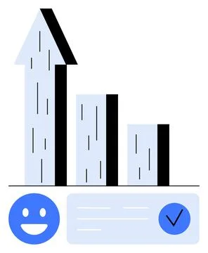 Bar chart with increasing columns, blue arrow rising, happy face emoticon, .. Stock Illustration