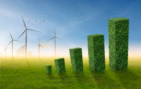 Bar chart increasing, made by green bushes shaped on wind turbine and a flock Foto stock