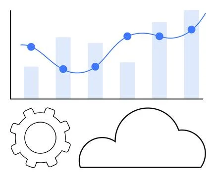 Bar chart with line graph showing data trend, accompanied by gear and cloud i イラスト素材