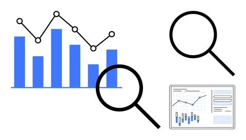 Bar chart with line graph, two magnifying glasses highlighting data points, a Illustrazione stock