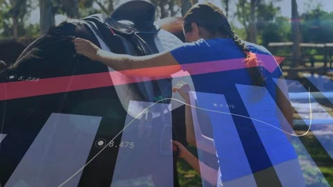 Bar chart, line plot and red arrow sweeping diagonal revealing woman adjusting Vídeos de archivo 333657227