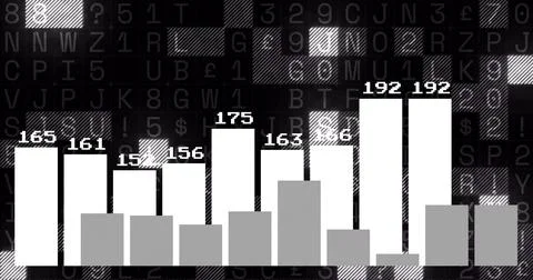 Bar chart with numerical data over random alphanumeric characters image Illustrazione stock