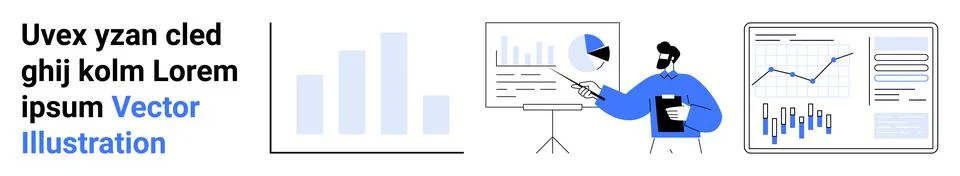 Bar chart, pie chart, man pointing at charts on whiteboard, another chart on  イラスト素材