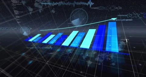 Bar chart rising in 3D data plane, feed driving bars, cyan arrow sweeping Stock Footage 334111938