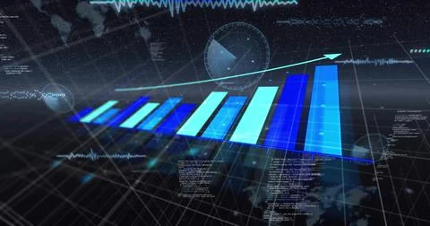 Bar chart rising in 3D data plane, feed driving bars, cyan arrow sweeping Stockillustratie