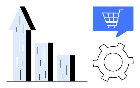 Bar chart with rising arrow, blue speech bubble with shopping cart, and mecha Stock Illustration