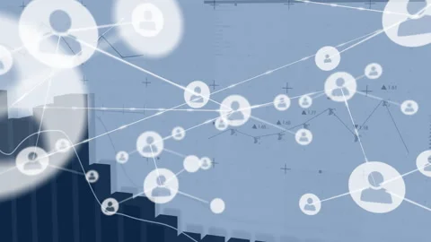 On bar chart rising, circular avatar nodes emerging and linking while Stock Footage 312229938