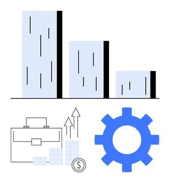 Bar chart showcasing three bars, stacked coins with upward arrows, briefcase, Stock Illustration