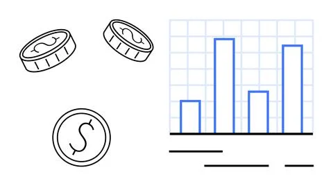 Bar chart showing data and three coins symbolizing financial success. Ideal f Stock Illustration